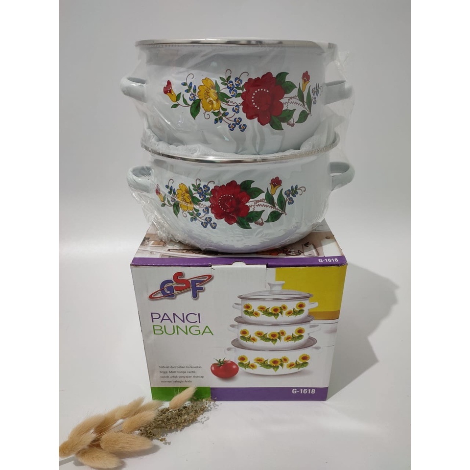 Panci Bunga Set Enamel Susun Tutup Kaca / Panci Enamel Enamel Ayam / Panci Set 3 Susun Motif Bunga 1