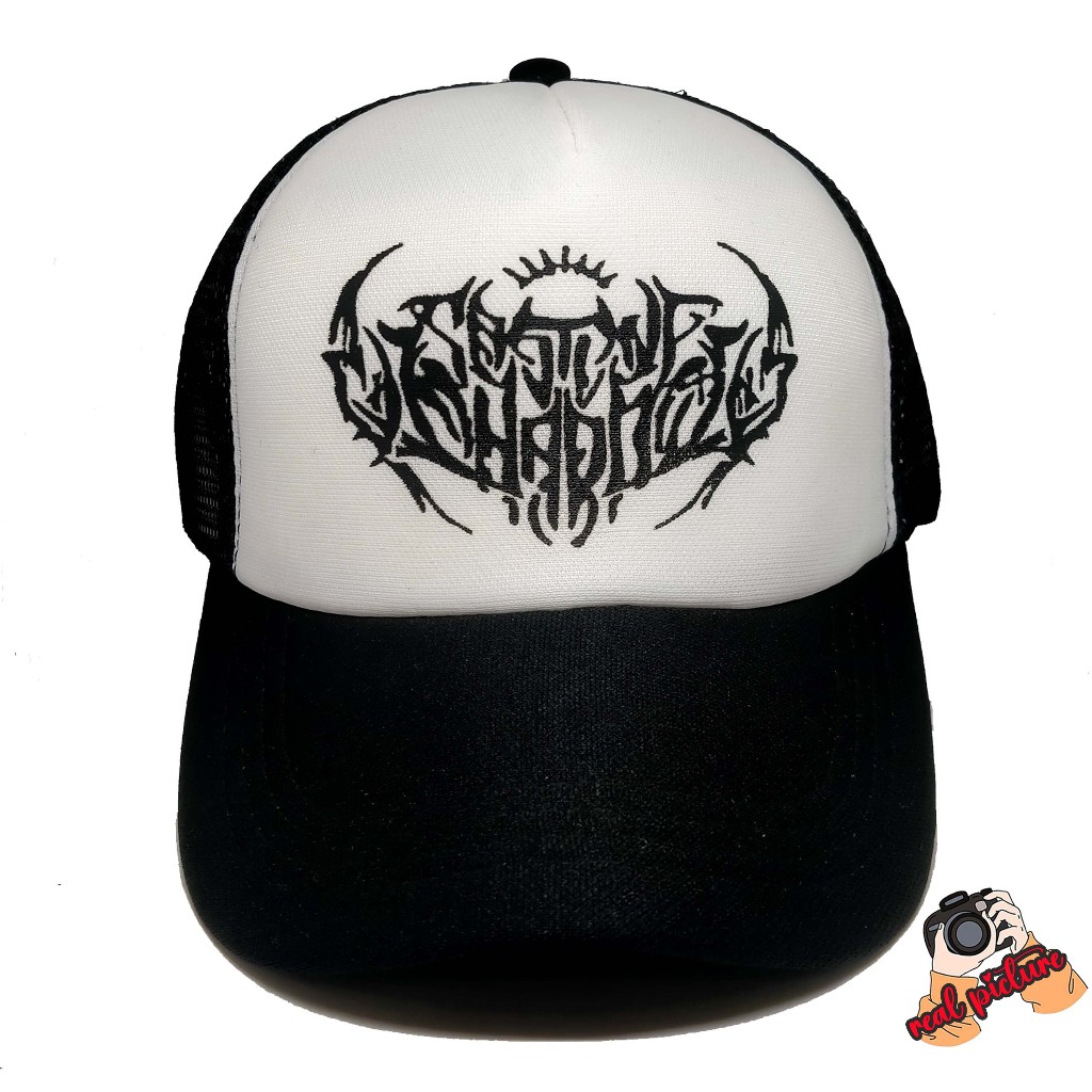 Topi Jaring Trucker Hitam Putih Pria Logo Band Black Metal