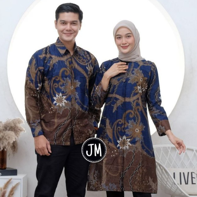 Baju Batik Melati Navy Biru Tunik Kemeja Sarimbit Lengan Panjang Motif M-XXXL Jumbo
