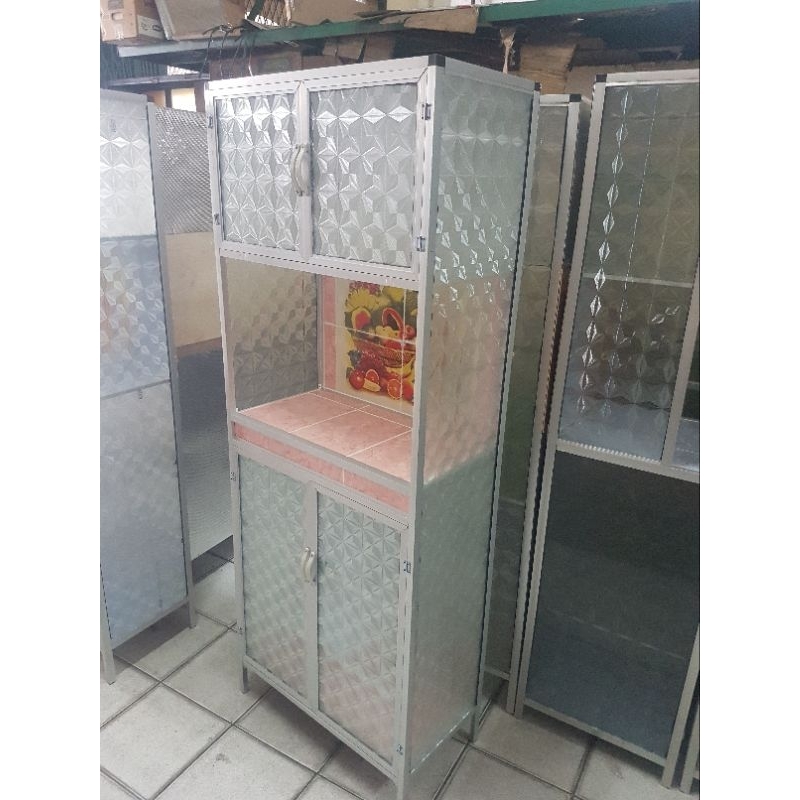rak lemari piring aluminium kaca keramik 2 pintu