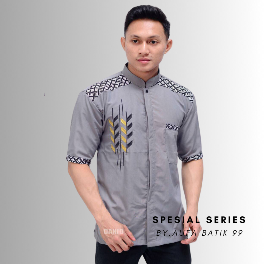 Baju Koko Jumbo Lengan Pendek Motif Bordir Padi Bahan Katun