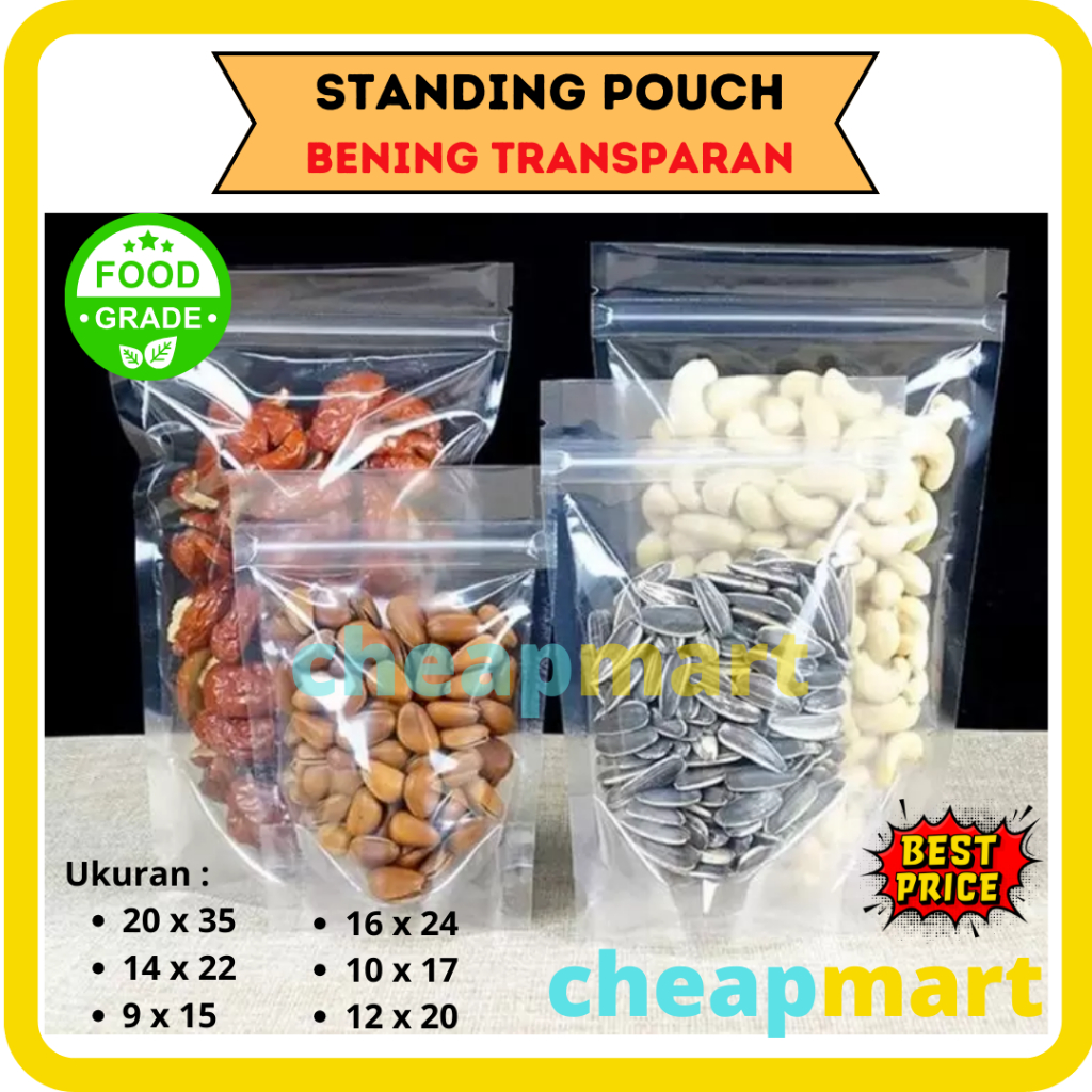 [50-Lbr] STP Plastik Standing Pouch BENING 10x17 Seal Lebar Klip Snack Minuman Kemasan Berdiri Trans
