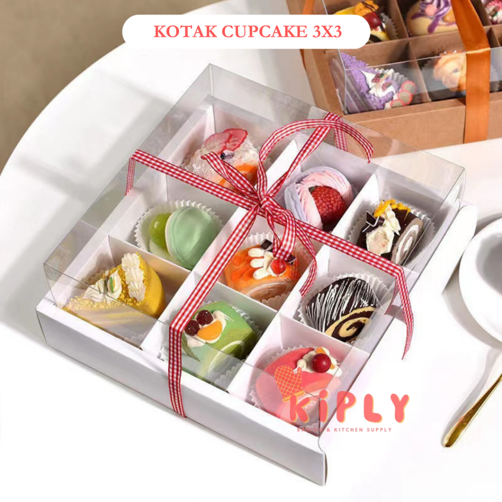 

Kotak cupcake 3x3 dan pita gingham/Box Kotak Dus Kue Hampers Cake Tart/Kotak Cupcake isi 9