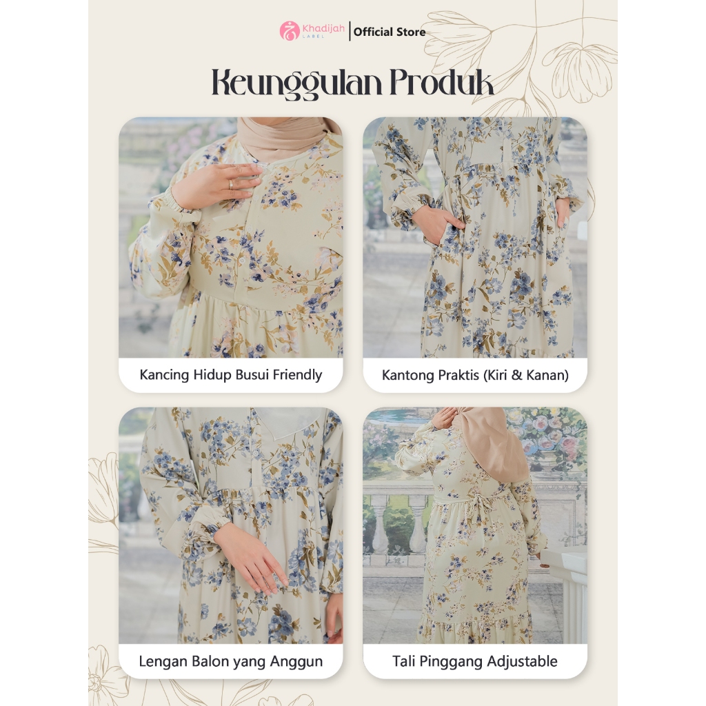 Khadijahlabel Gamis Motif Bunga Terbaru Dress Wanita Muslim Muslimah Cantik Kekinian Amanda-6