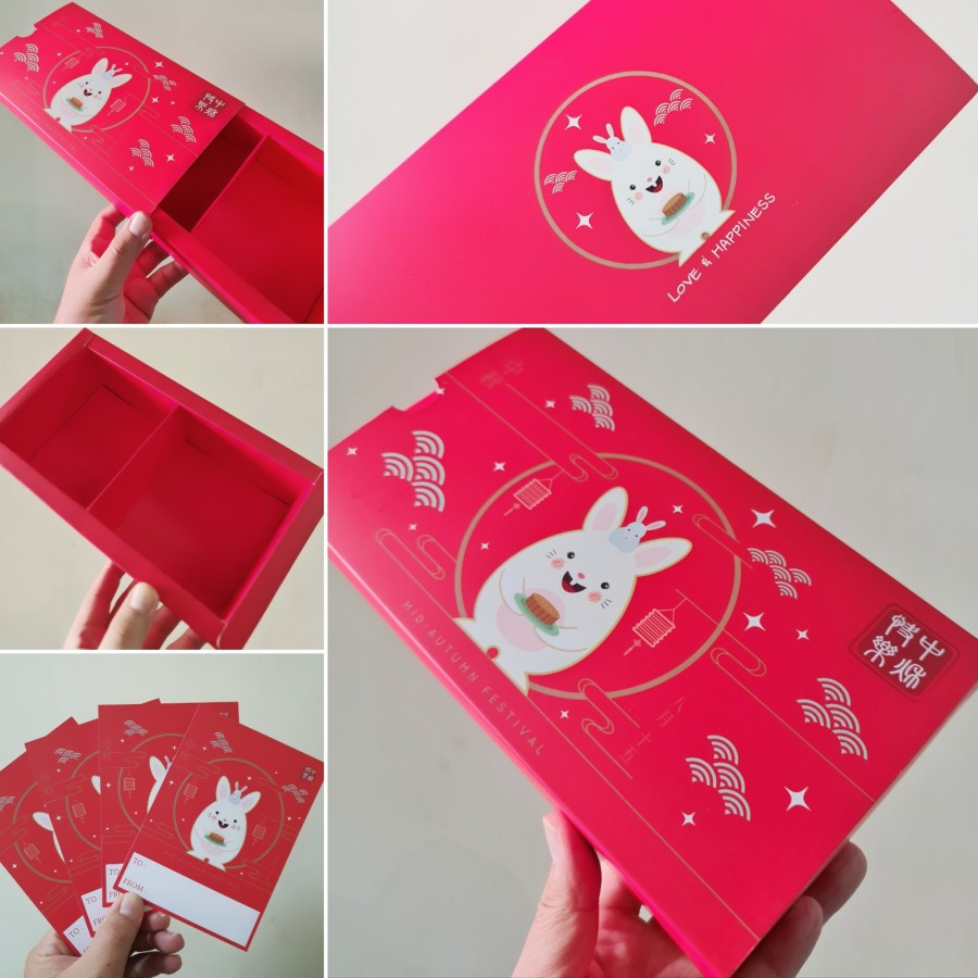 

(5 pcs ) dus mooncake 125-150 gr sekat 2 size 11x11x6 cm design red rabbit