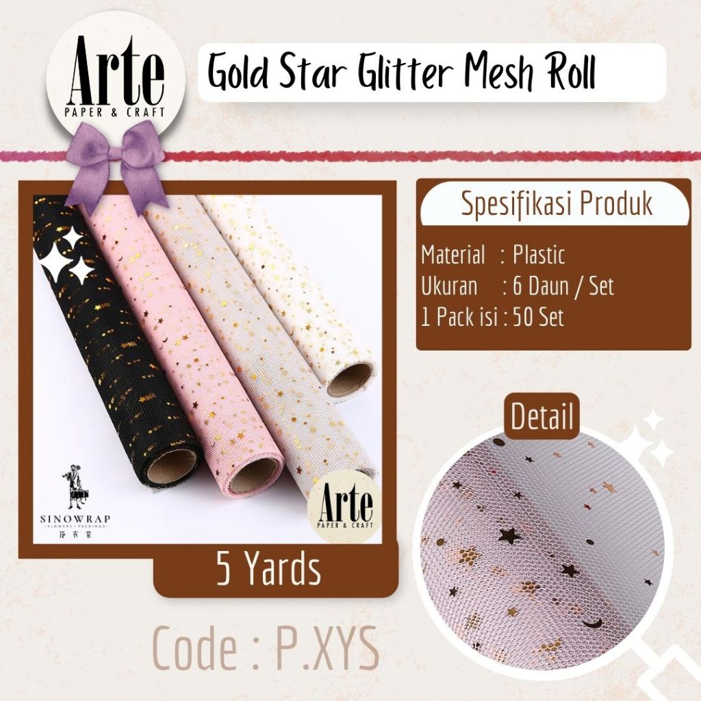 

RN 1 Roll Mesh Gold Star Glitter Kertas Buket Korea Bunga Flower Wrapping Paper Kado Roll Arte