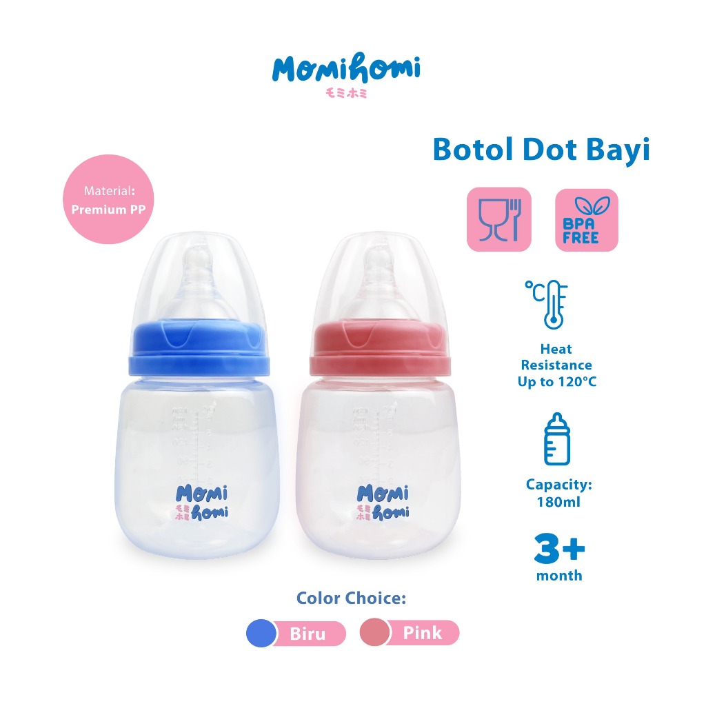 MOMI HOMI Botol Dot Susu Bayi Kapasitas 180ml BPA FREE Wide Neck Nipple Ulir Anti Sedak Heat Resistance Up To 120 Derajat Celcius Perlengkapan Menyusui Botol Asi Anak Food Grade Anti Colic Tahan Panas