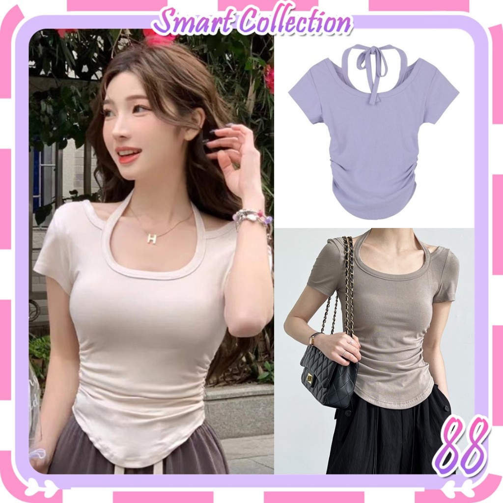 SC BJ1413 Baju Atasan Kaos Spandek Korean Wanita Sexy Lengan Pendek Leher Tali Leher Fashion