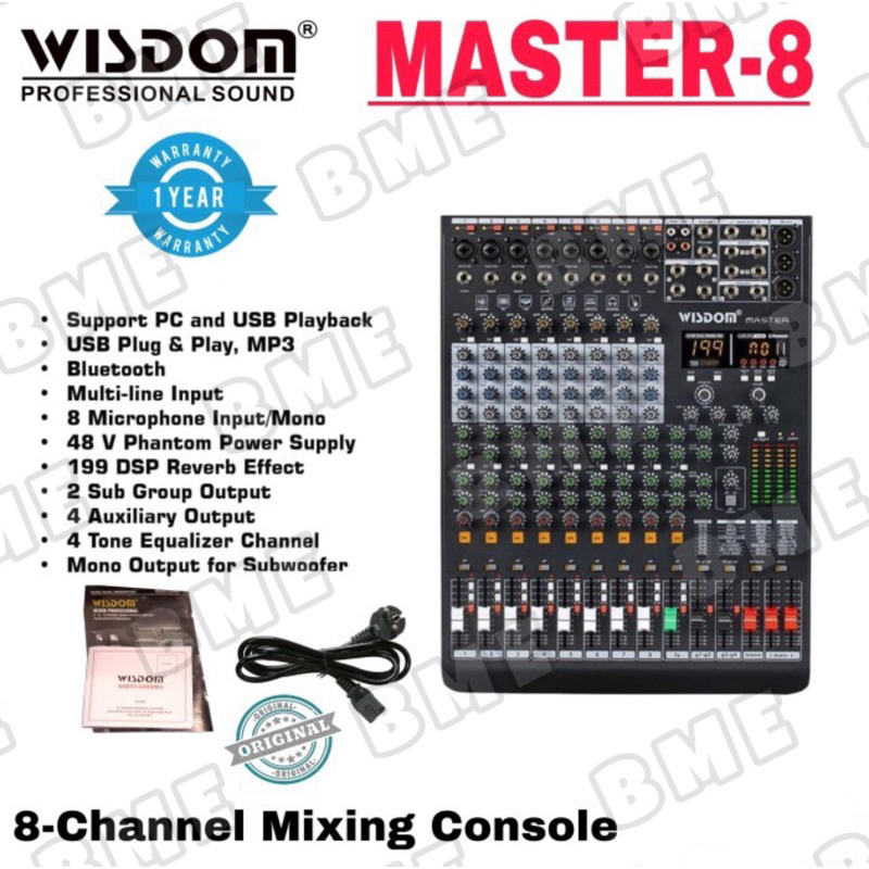 Mixer Wisdom Master 8 8-Channel Mixer Audio dengan Bluetooth Dan Efek