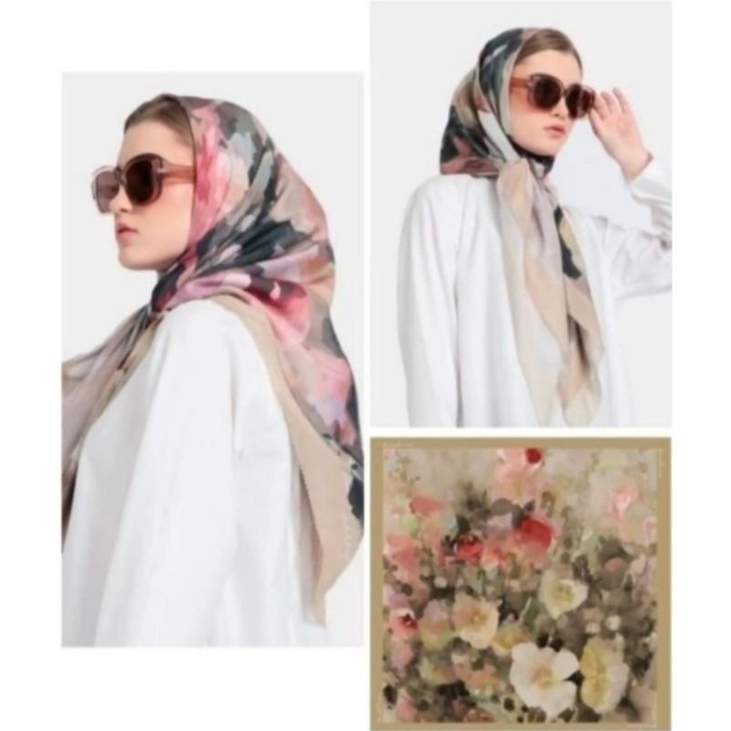Hijab Segi Empat Voal Motif Bunga Warna Pink List Hitam Kerudung Jilbab Murah Terbaru