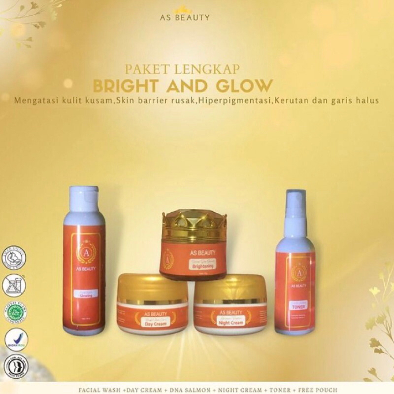 Paket Lengkap Bright & Glow AS Beauty |  Facial Wash + Toner + Day Cream + Night Cream + Serum DNA S