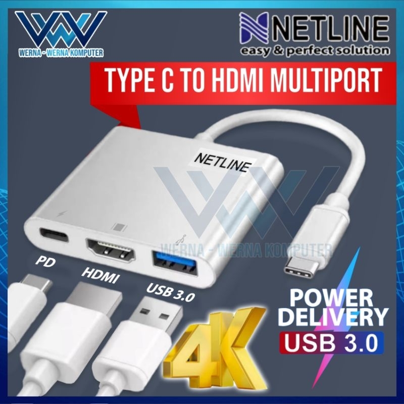 NETLINE Type C HUB to HDMI - USB 3.0 - Power delivery multiport adapter