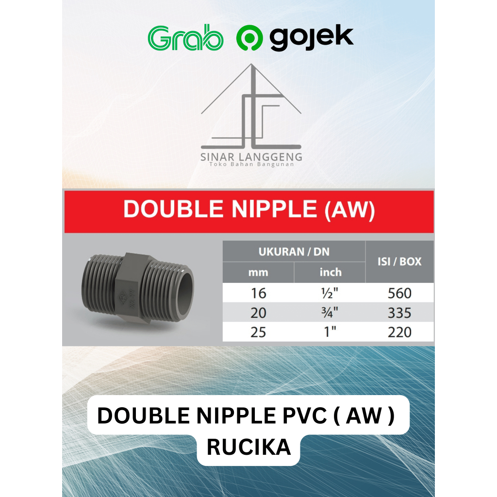 Double Nipple PVC (AW) Rucika 1/2", 3/4", 1". Fitiing Pipa / Sambungan Pipa Tebal
