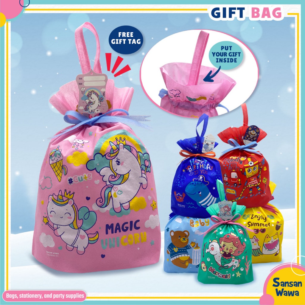 

Sansan Wawa Pouch Serut Birthday, Unicorn, Dino, Robot, Cat, Mermaid Goodie bag / Pouch Souvenir packaging produk