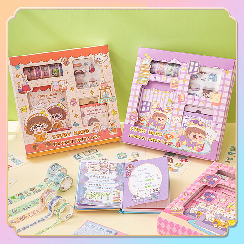 

4 in 1 Gift set/ Diary journal kit set birthday gift/ Paket set agenda/ Buku catatan set lucu/Stiker Set Cute Diary DIY Book Set