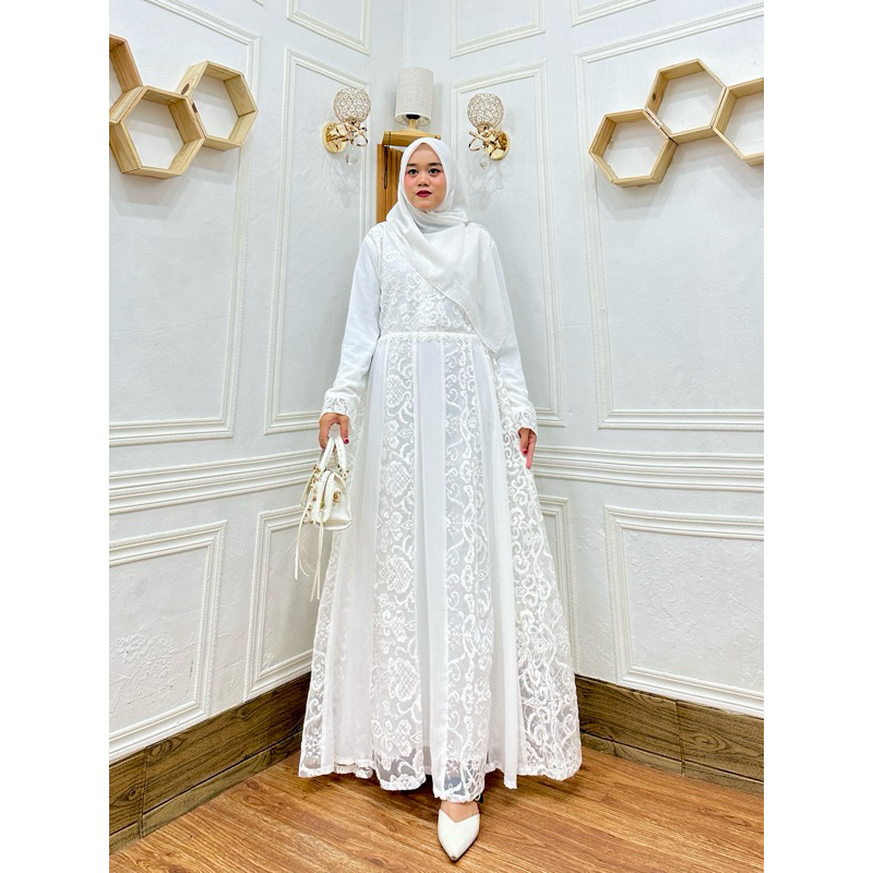 Gamis Putih Wanita Kekinian Mewah Luthfi Ceruty Model Terbaru Busui Resleting Depan