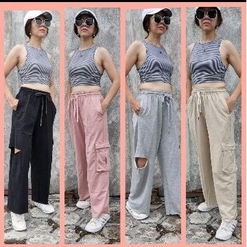 Celana Cargo Ripped Kulot Wanita Celana Sweatpants Fashion Korean style