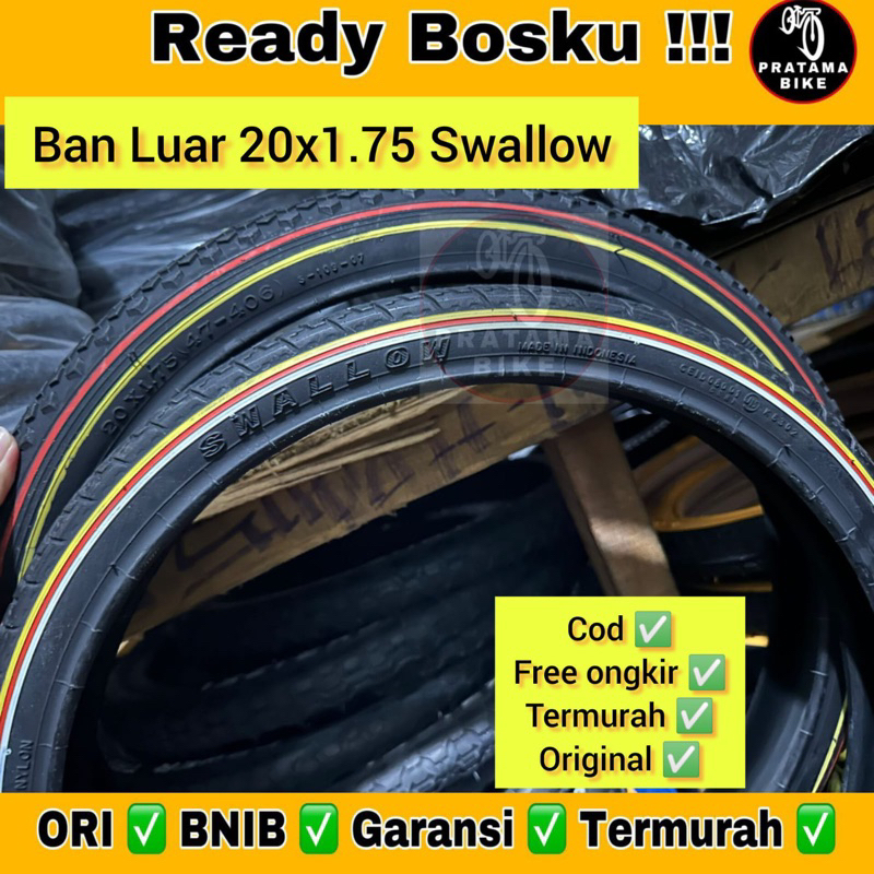 Ban luar Bmx Mini 20 x 1.75 SWALLOW LIS 3 WARNA MERAH PUTIH / HITAM KUNING ban sepeda 20x175 20x1.75