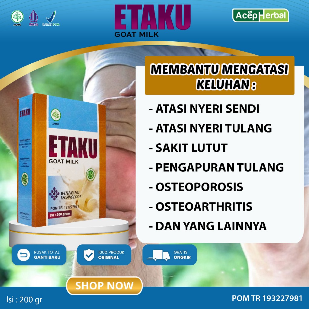 

Obat Nyeri Sendi dan Tulang Mengatasi Sakit Lutut Pengapuran Tulang Osteoporosis Osteoarthritis Susu Kambing Etaku Goat Milk Original BPOM