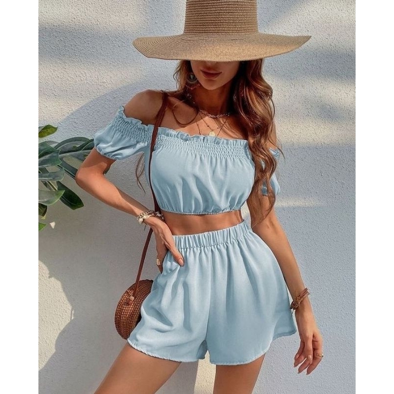 baju wanita setelan Sabrina croop top rena