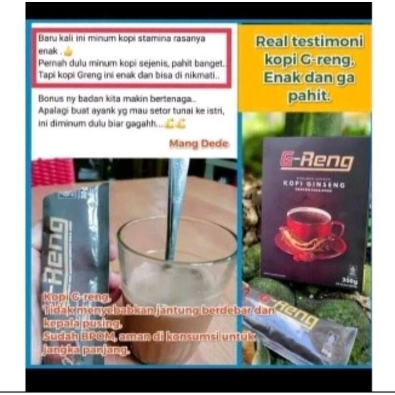 

￼Kopi G-RENG Hrg per 1 Sahcet//Kopi Ginseng Stamina Pria Dewasa//Kopinya Pria Dewasa//Kopi Kuat dan Tahan Lama