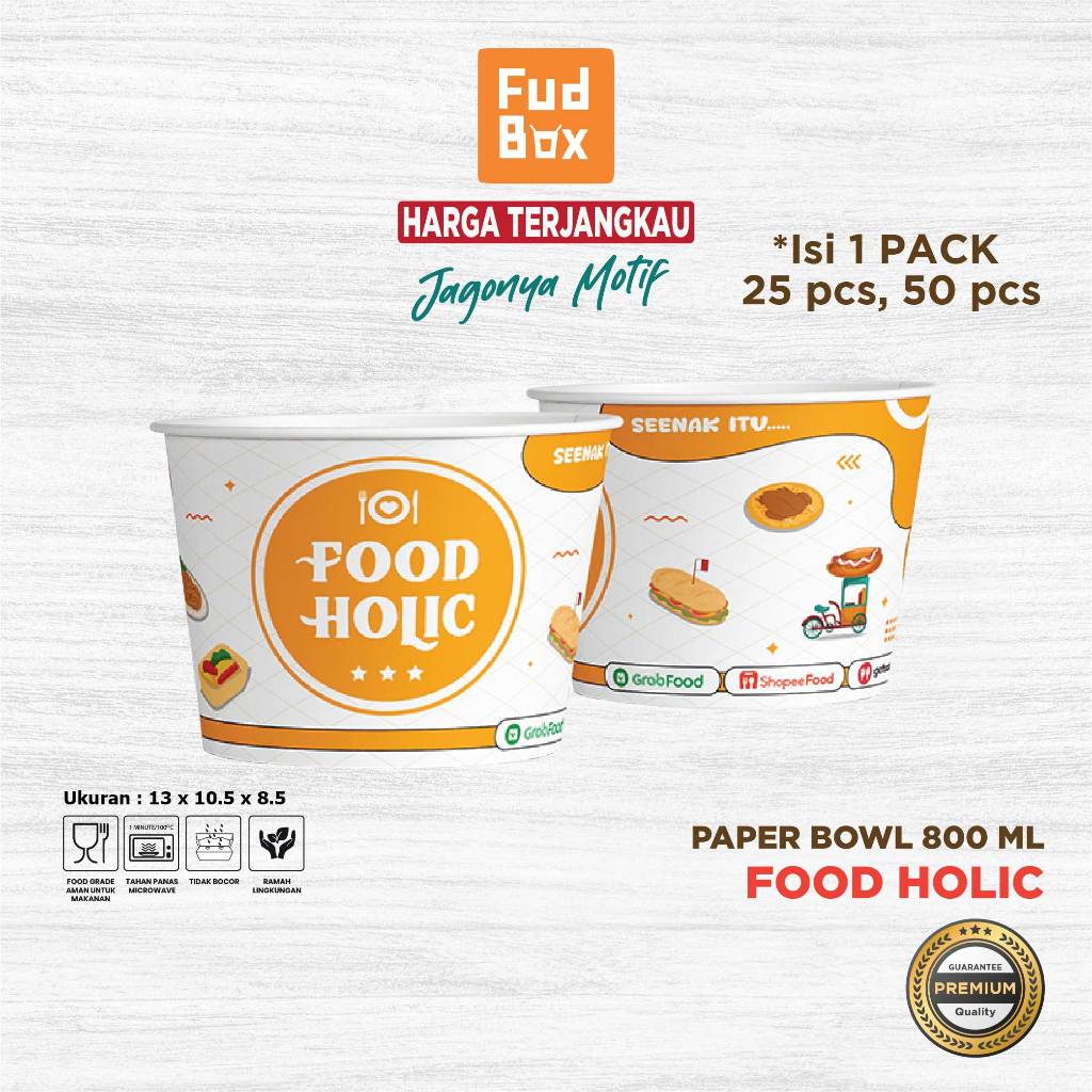 Paper Bowl 800 ml + Tutup | Paper Rice Bowl Mangkok Kertas Motif Food Holic
