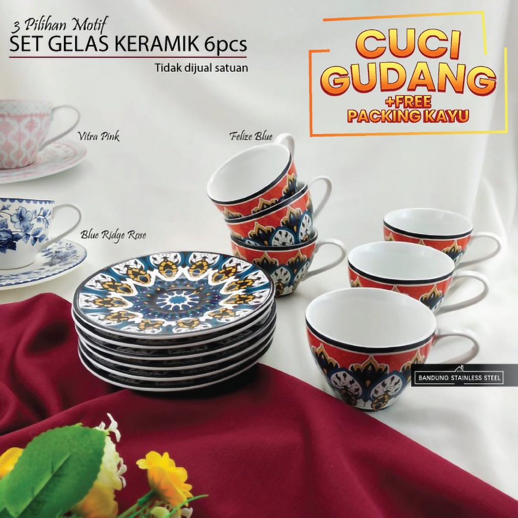⭐⭐⭐⭐⭐ CUCI GUDANG 6pcs Cangkir Keramik SNI 3 Motif Merk Sango Cantik Menarik Lucu Gelas Teh Kopi Sus