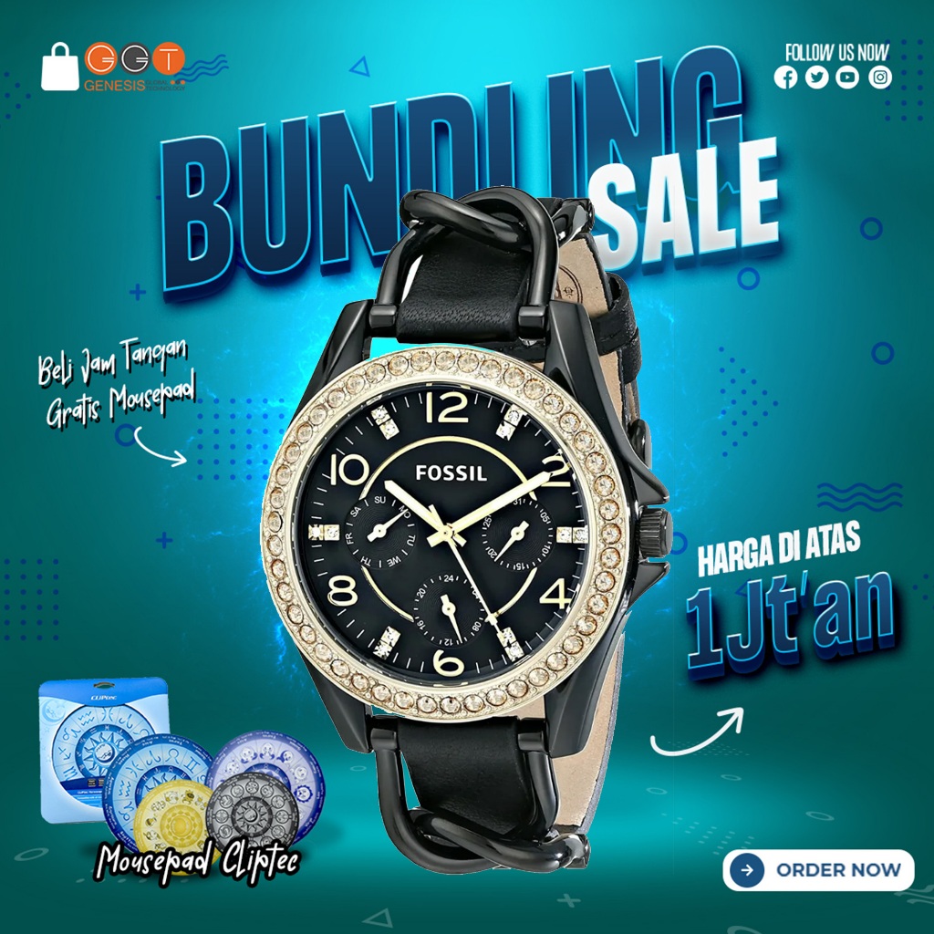 [DAPATKAN HADIAH] Jam Tangan Wanita Fossil Riley ES3696 Chronograph Leather Strap Black Gold