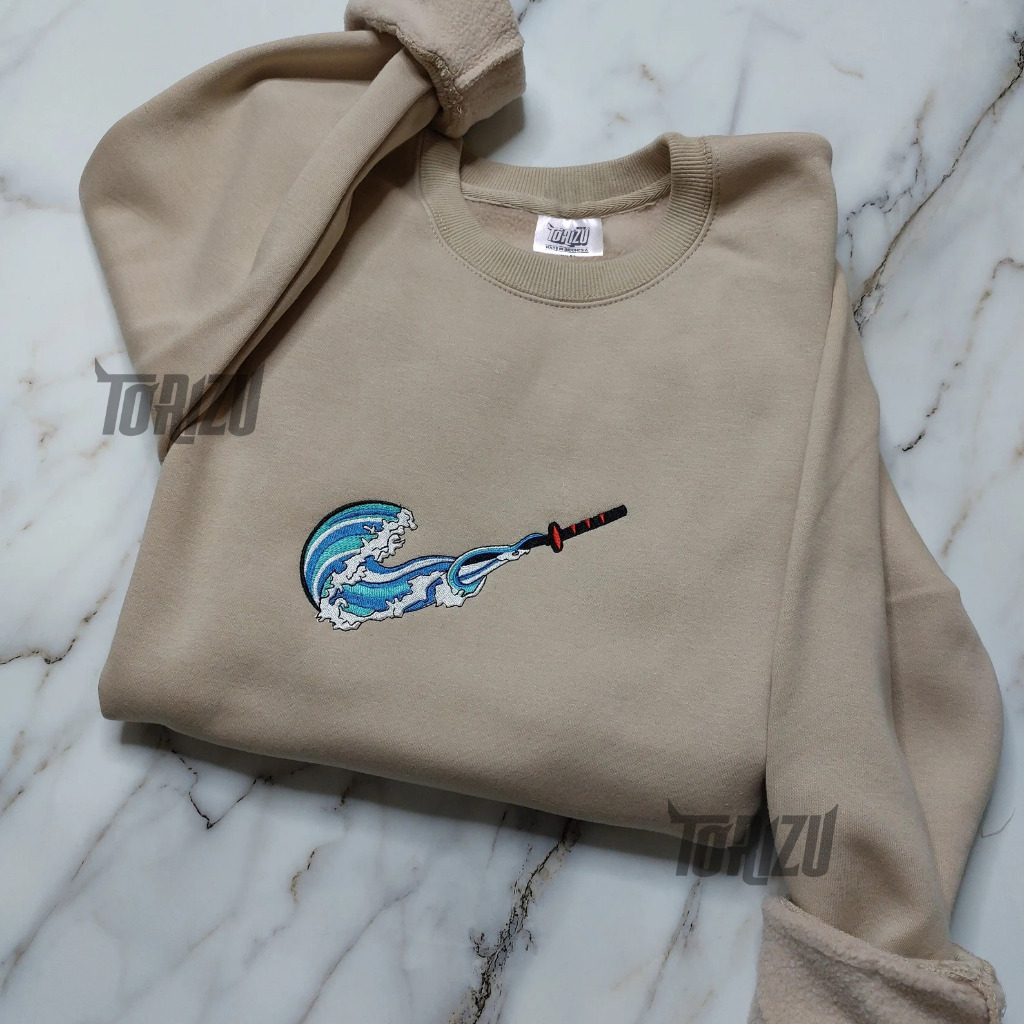 Crewneck Tanjiro Katana Slash Embroidery Anime Kimetsu No Yaiba