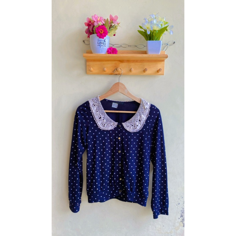 Atasan blus blouse kemeja vintage motif polkadot kerah sailor peterpan collar bahan stretch mix croc