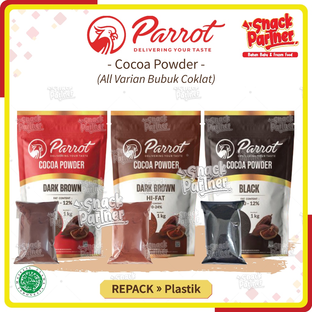 

PARROT - COCOA POWDER Repack 100 / 250 / 500 GR - Hi-Fat Black Dark Brown Red Merah Bubuk Coklat Cacao 100GR 250GR 500GR - Bendico Premium Adonan Roti Kue Cake Cookies Pastry Minuman Chocolate Cokelat Kakao Choco