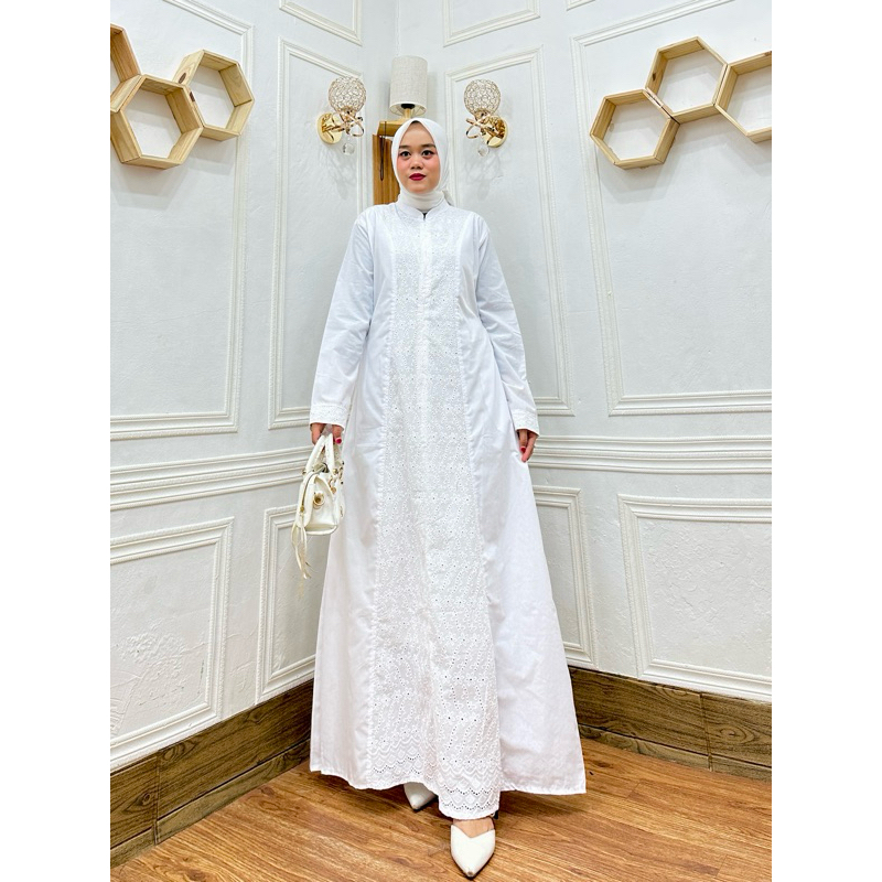 Dress Gamis Katun Putih Kombinasi Motif Bordir Baju Muslim Wanita Murah Terbaru Kekinian Luthfiyah