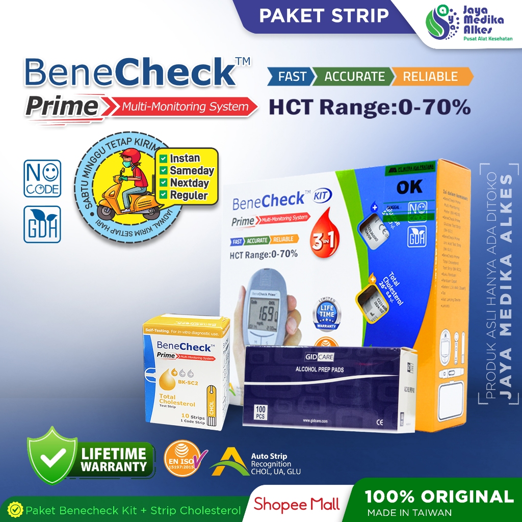 Benecheck Prime Kit GRATIS Test Strip Kolesterol + Alcohol Swab
