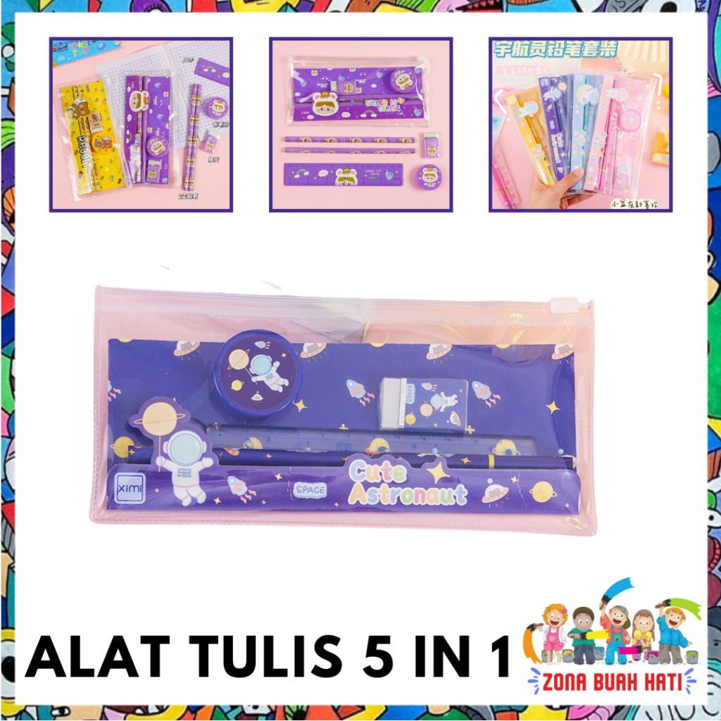 

ZBH Alat Tulis Set Mini Anak Sekolah Penghapus Penggaris Pensil Serutan Stationary Set Alat Tulis 5 In 1 Karakter Lucu Warna-Warni Astronot Stationary