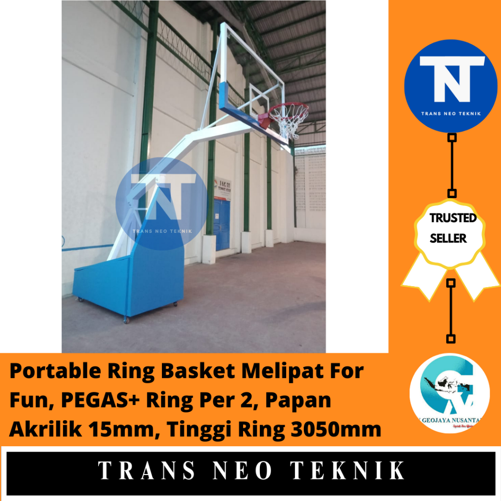 Portable Ring Basket Melipat For Fun, PEGAS+ Ring Per 2, Papan Akrilik 15mm, Tinggi Ring 3050mm