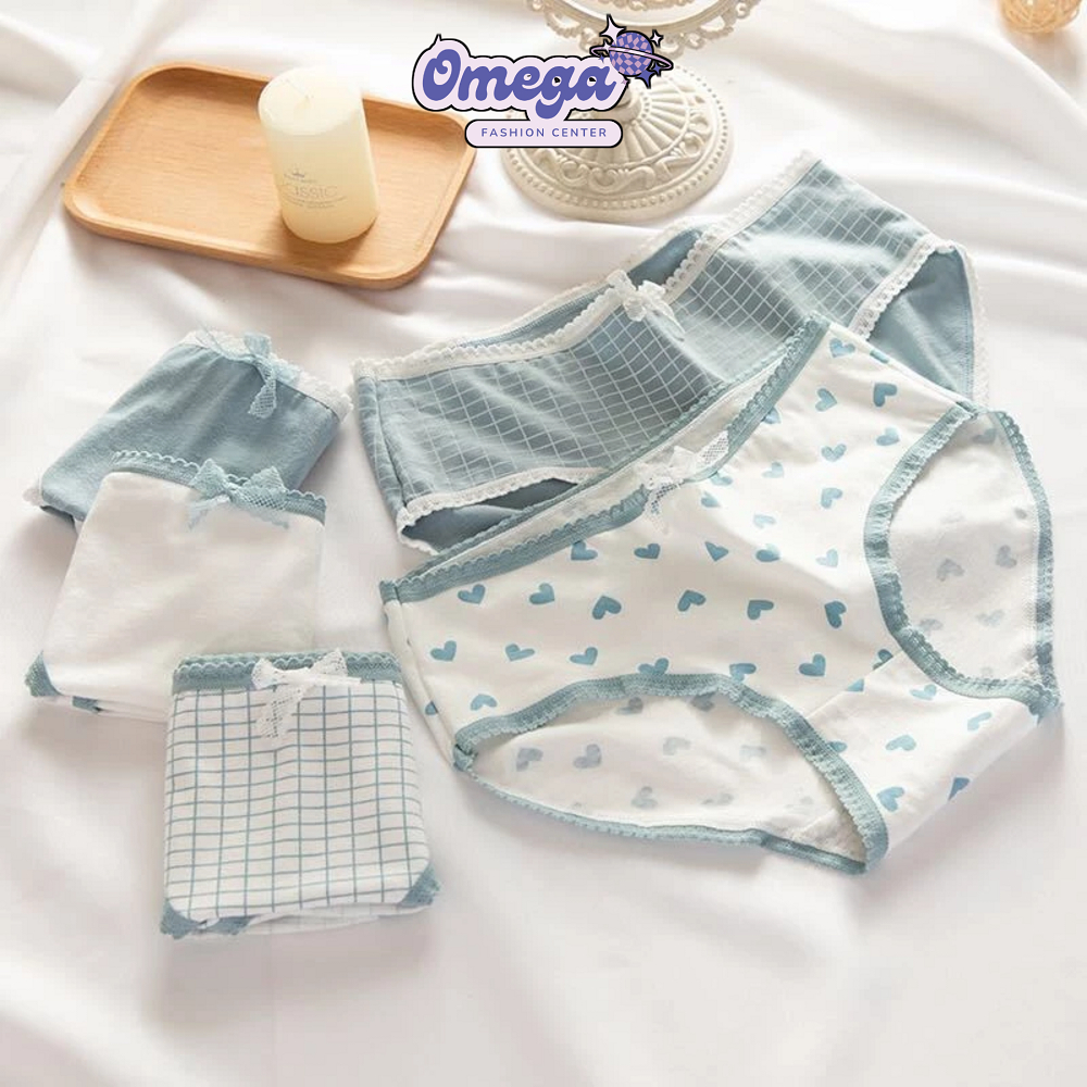 Cd Imut Fashion Jepang Celana Dalam Wanita Katun Mid Waist Motif Biru CD1089