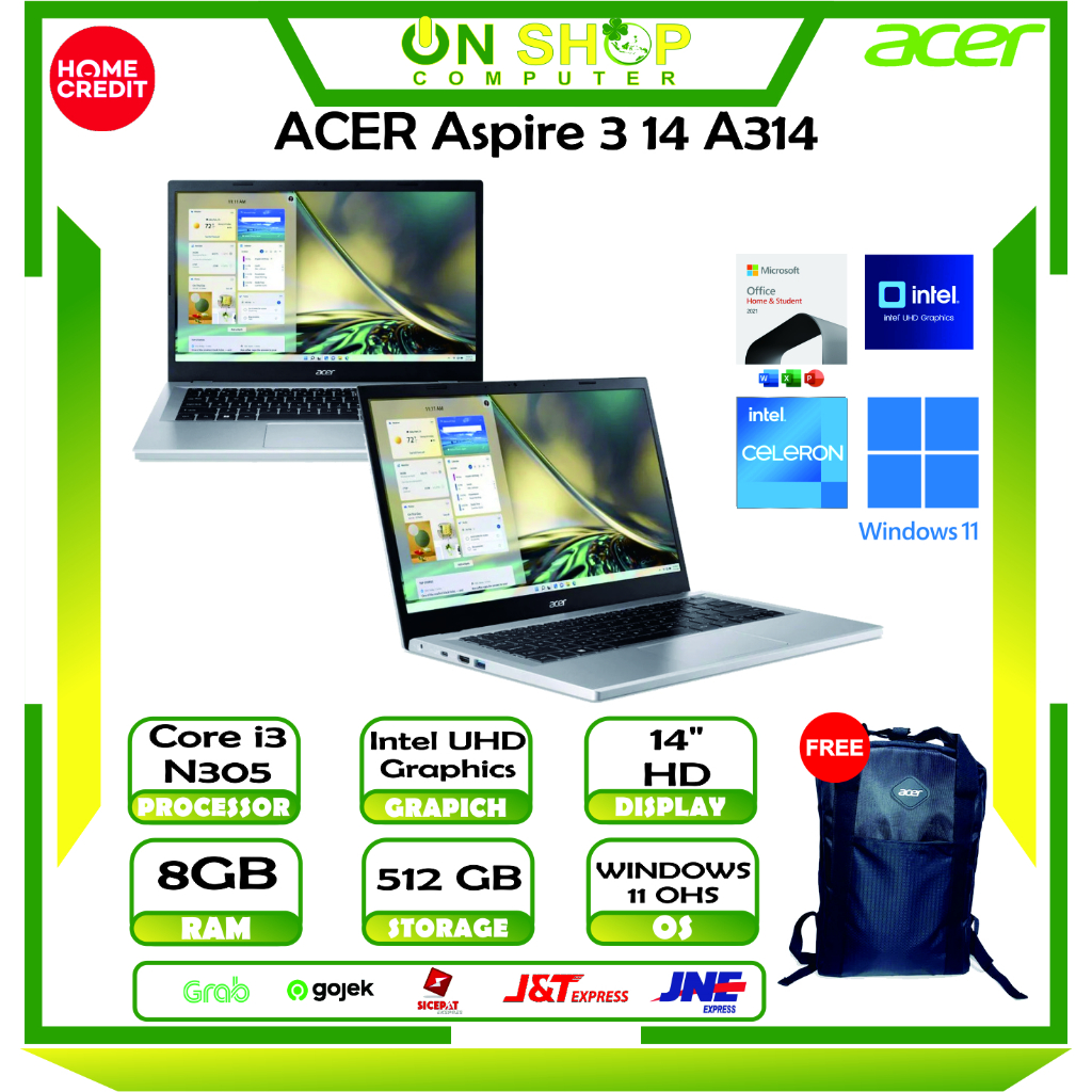 Laptop Kuliah Dan kerja ACER Aspire 3 14 A314 36M Intel Core i3 N305 RAM 8GB 512GB W11 OHS Silver