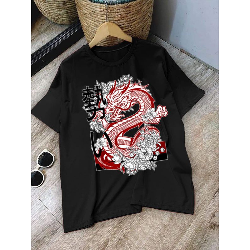 ATASAN OVERSIZE MURAH MOTIF NAGA BUNGA PUTIH KAOS JUMBO CEWEK IMLEK GONG XI TERBARU