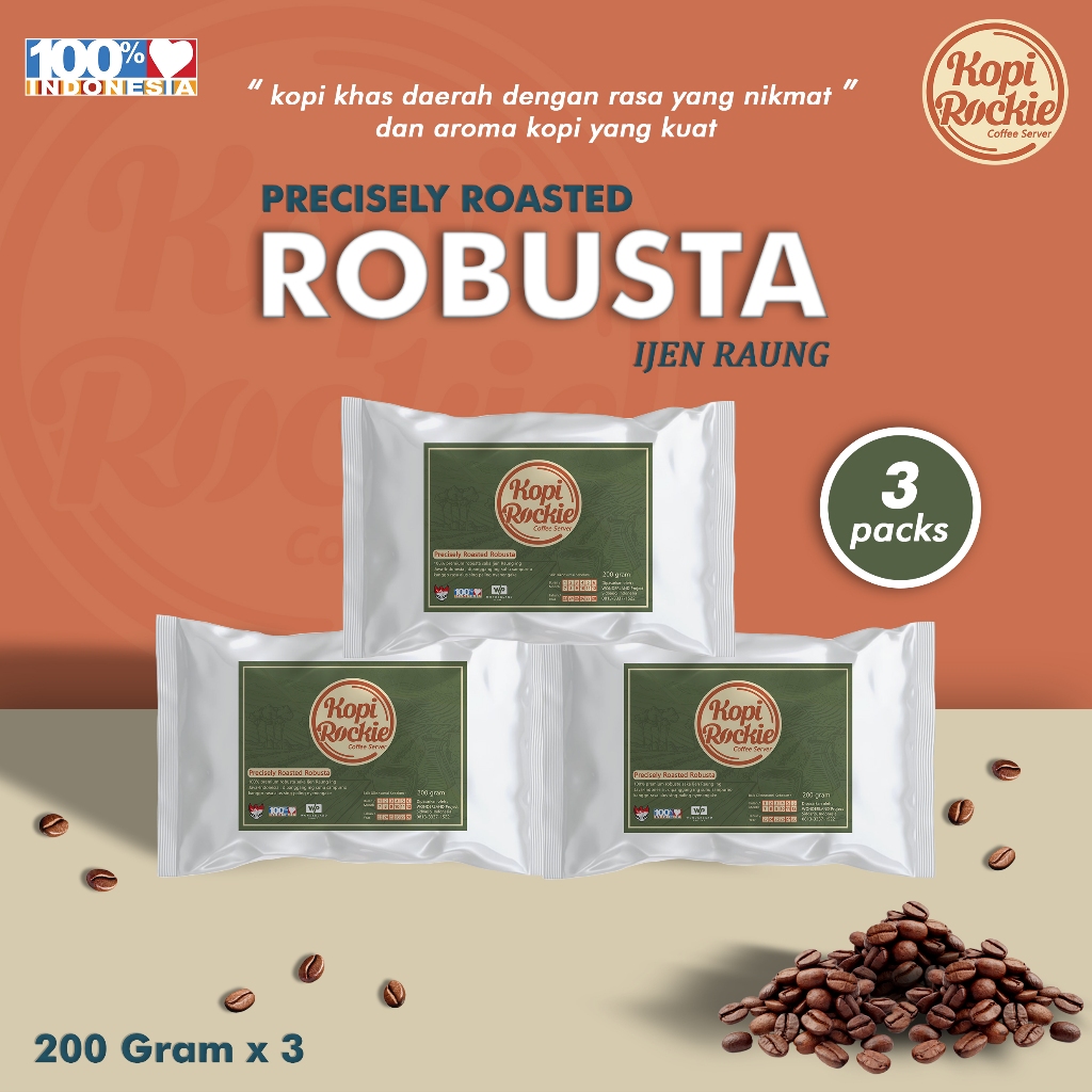 

Premium Kopi Bubuk Robusta Ijen Raung Fresh Roasted - KOPI ROCKIE - 200 Gram x 3 Packs