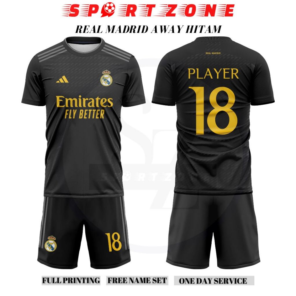 Jersey baju bola REAL MADRID AWAY HITAM 2023 - 2024 Full Printing Free nameset