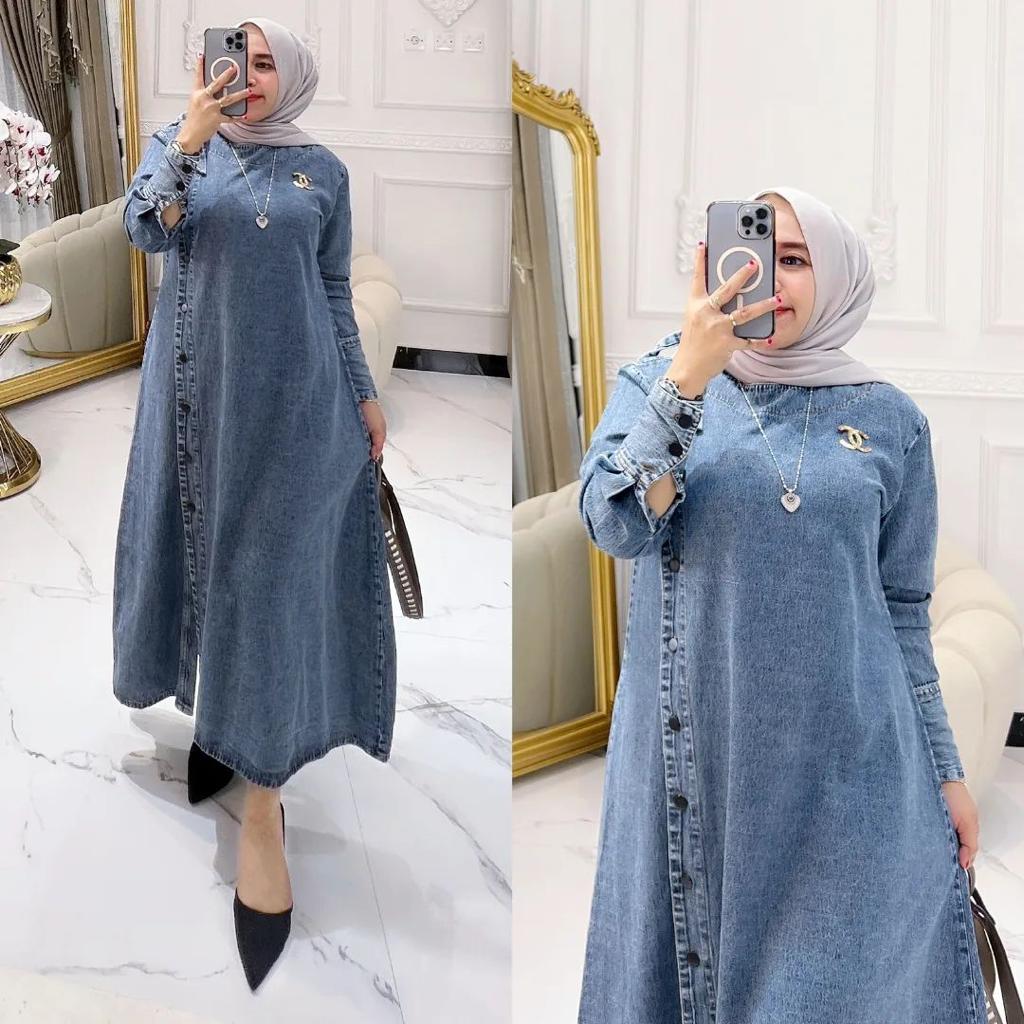Midi Dress Syafina / Fashion Muslim Kekinian / Midi Dress Bahan Jeans / Terbaru / Bisa COD / Casual