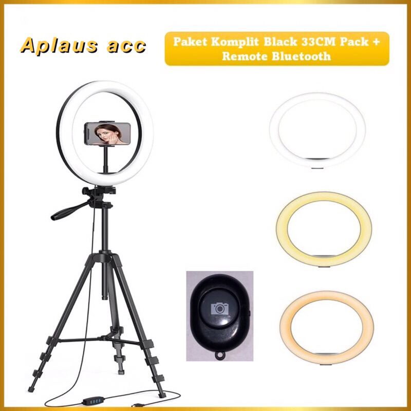 Paket Komplit Live Tripod Black pack + Ringlight 33cm Pack + Remote Bluetooth Selfie Make Up Vlog