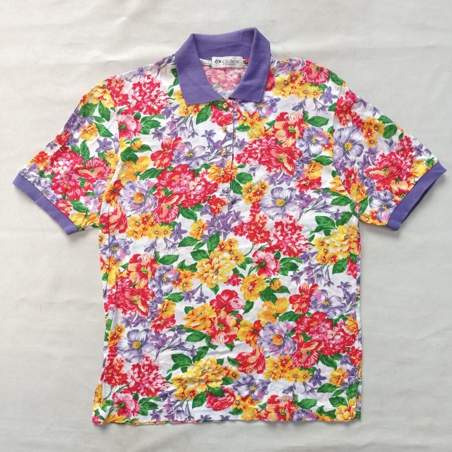 vintage 80s cecilene floral fullprint polo shirt women casual golf