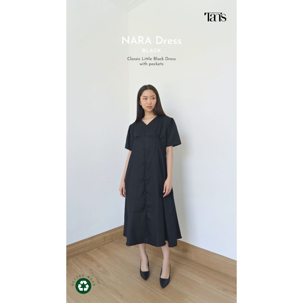 NARA Dress - Classic Little Black Dress Midi Korean Vintage Style Linen Party Formal