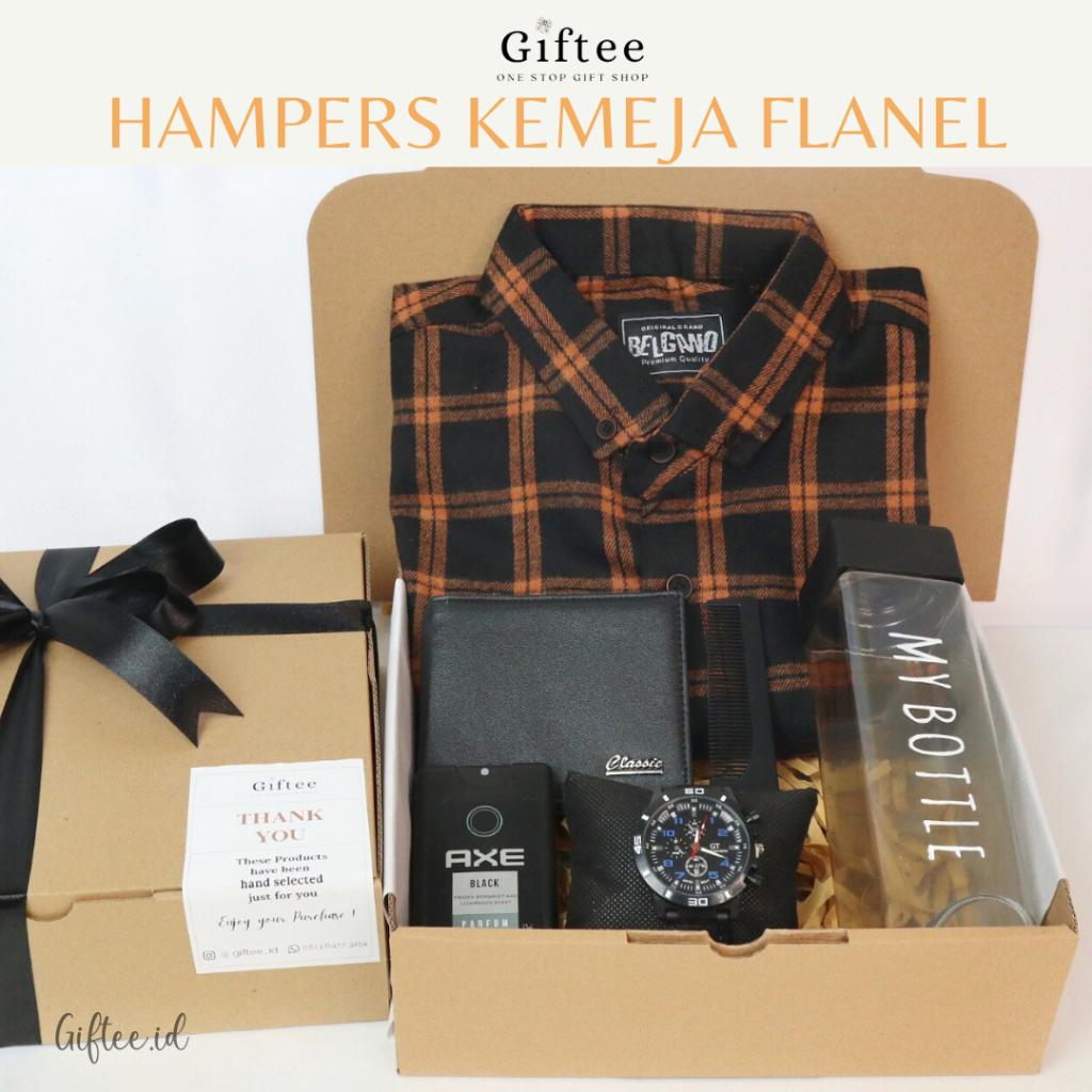 HAMPERS KEMEJA FLANEL KADO ULANG TAHUN COWOK DOMPET JAM PARFUM BOTOL MINUM PRIA