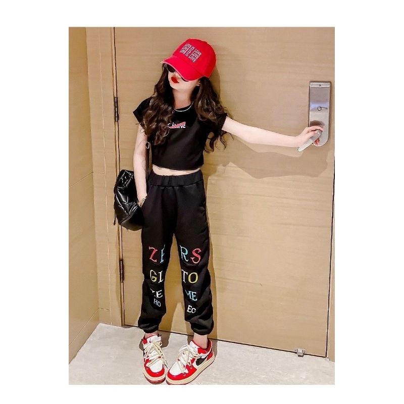 JS26 Setelan anak perempuan atasan crop celana joger / baju anak cewek usia tanggung 3-12 tahun