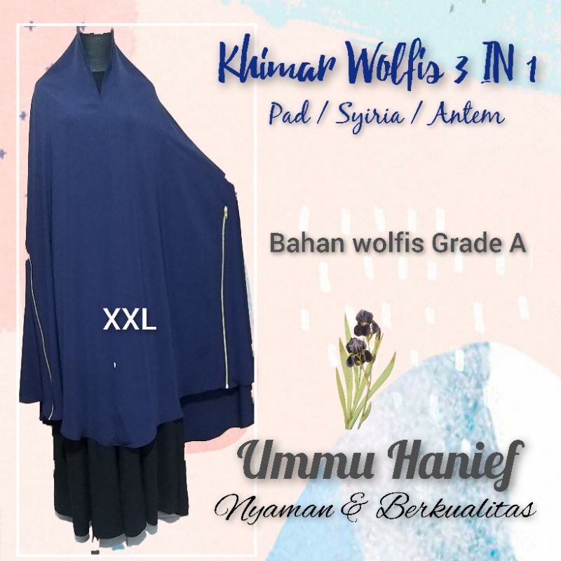 Khimar/kerudung/jilbab Syar'i Zipper 3 in 1 ( Zipper YKK )bahan wolfis grade A tersedia pad busa, no