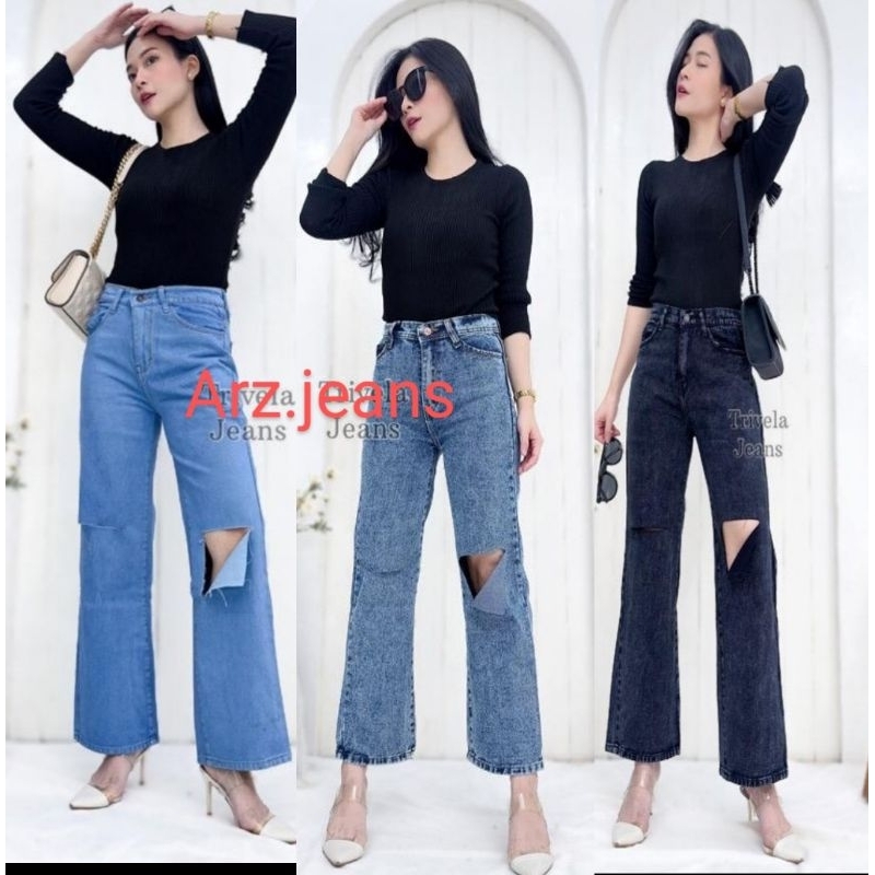 Celana Jeans Kulot Sobek Lutut High Waist