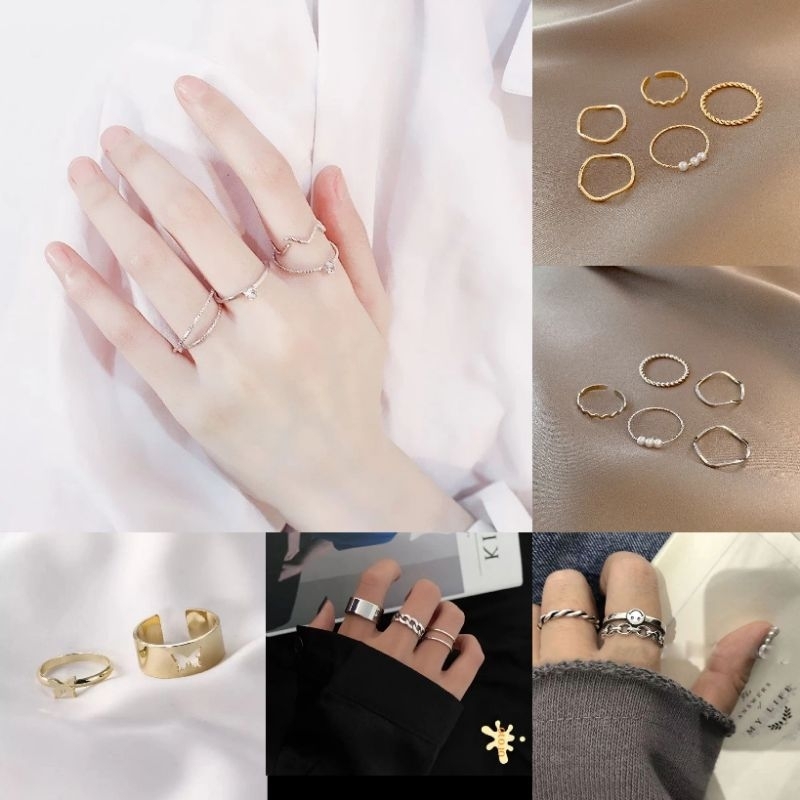 Cincin Tipis Set 5pcs/set Rantai Korea Terbuka Cincin Emas
