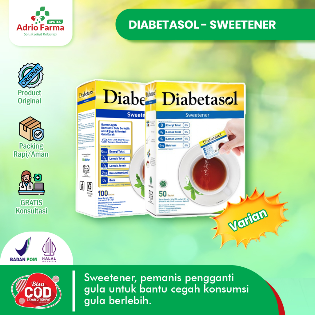 

DIABETASOL - SWEETENER ZERO CALORIE Box @ 25 / 50 / 100 Sachet - Pemanis Alami Pengganti Gula - untuk Mengatasi Gula Berlebih